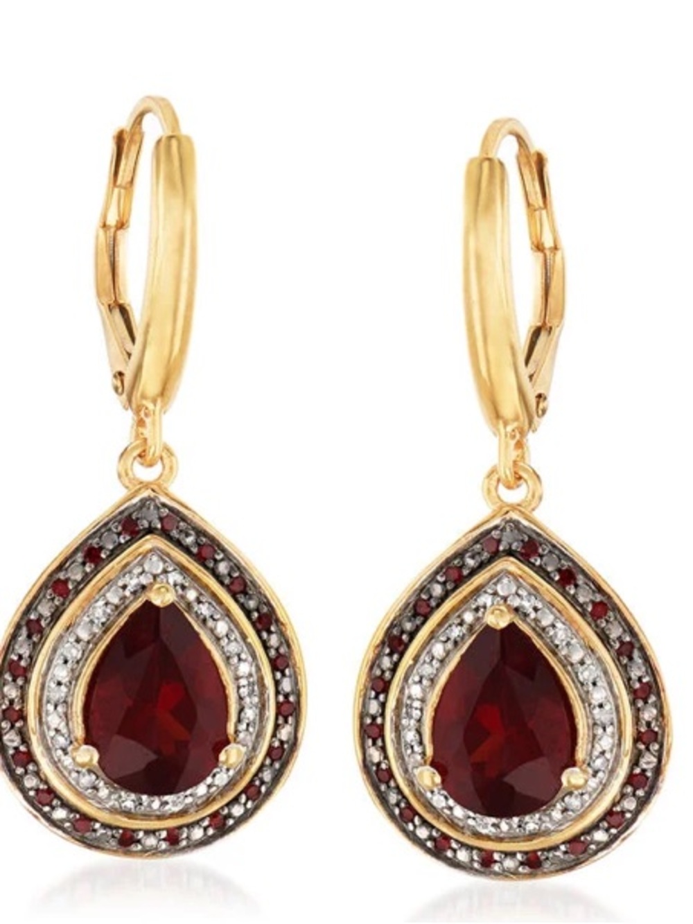 Ross-Simons Gold-Tone Red Garnet and White Diamond Teardrop Earrings